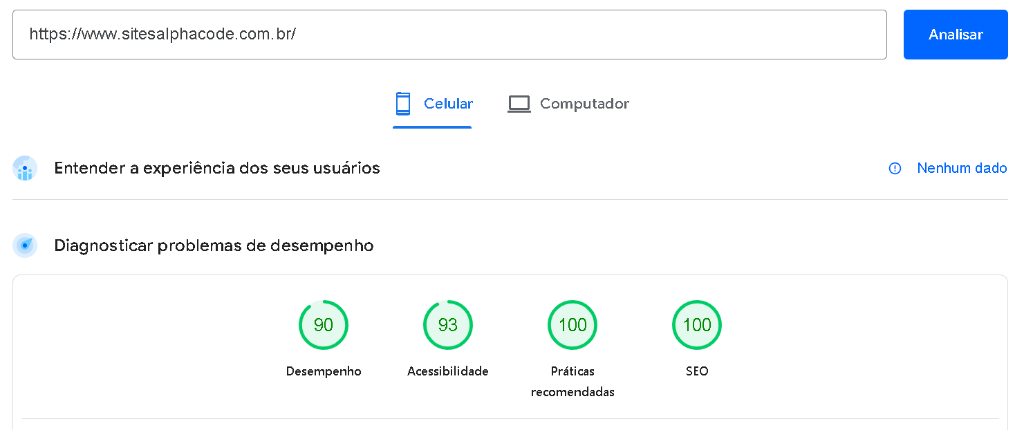 Pontuação Google PageSpeed Insights